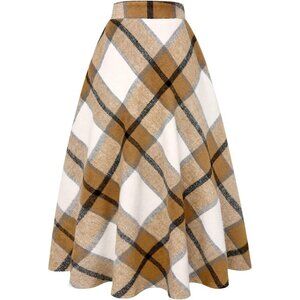 Womens Khaki Elastic Waist A-Line Pleated Tartan Long Plaid Wool Skirts